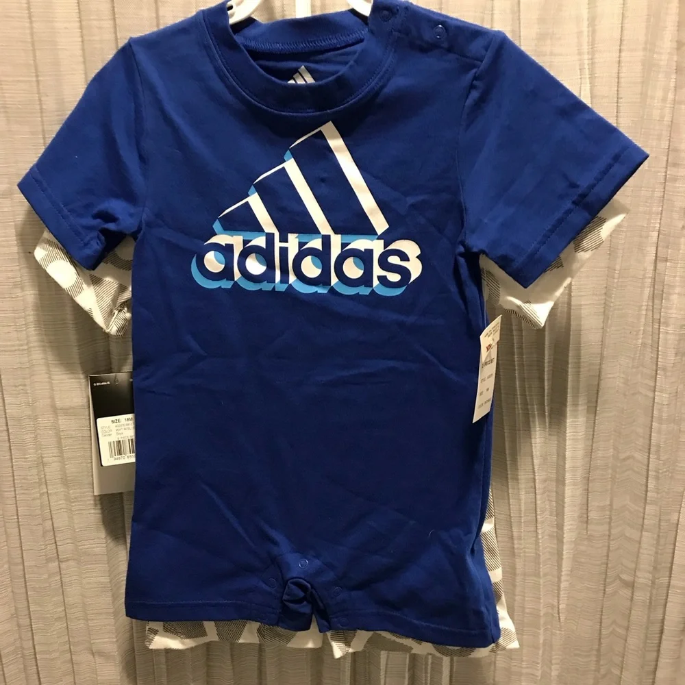 ADIDAS BOY 18 M BLACK SHORT & TEE SET & BLUE ONE PIECE & GRAY PRINT ONE PIECE - Picture 5 of 13